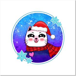 Cute Cartoon Cat Santa Christmas Winter Posters and Art